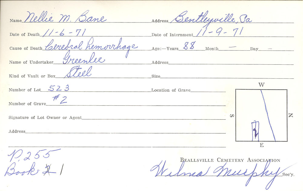 Nellie G. Bane burial card